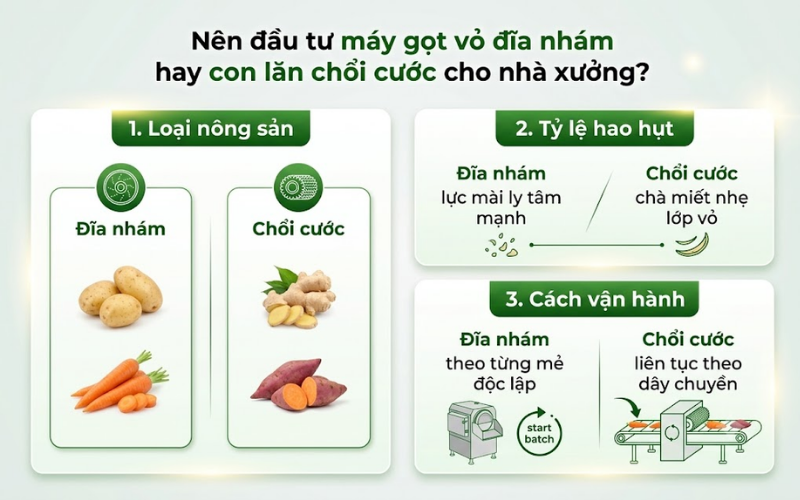 Nên đầu tư máy gọt vỏ đĩa nhám hay con lăn chổi cước cho nhà xưởng?