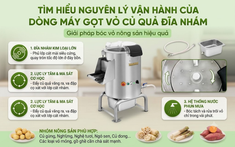 Tìm hiểu nguyên lý vận hành của dòng máy gọt vỏ củ quả đĩa nhám