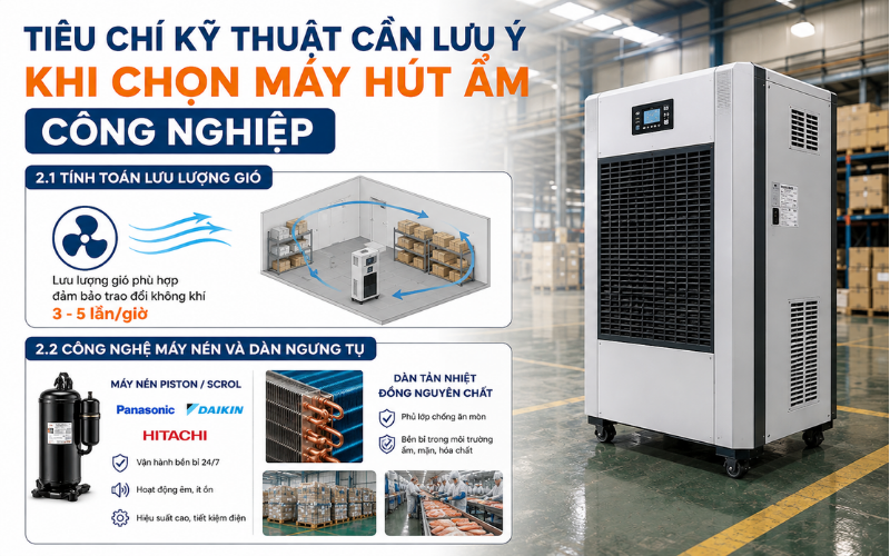 Tiêu chí kỹ thuật cần lưu ý khi chọn máy hút ẩm công nghiệp