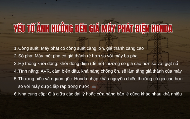 Yếu tố ảnh hưởng đến giá máy phát điện Honda