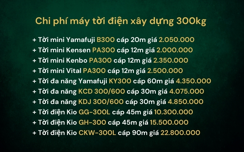 Chi phí máy tời điện xây dựng 300kg hiện nay